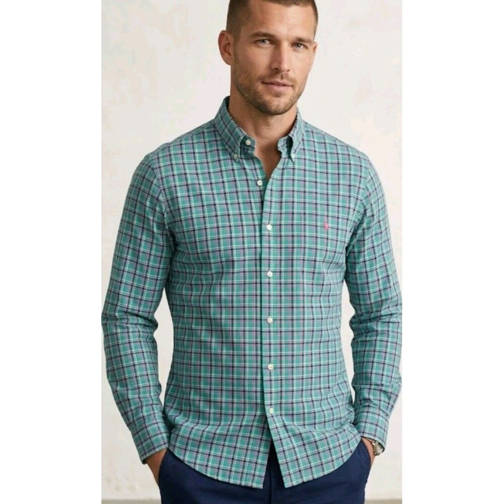 RALPH LAUREN Blue Label Teal Green & Pink Plaid Button Front Oxford Shirt Sz M